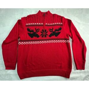 CHAPS Mens L Sweater Red Quarter Zip Holiday Winter Moose Snow Cotton‎